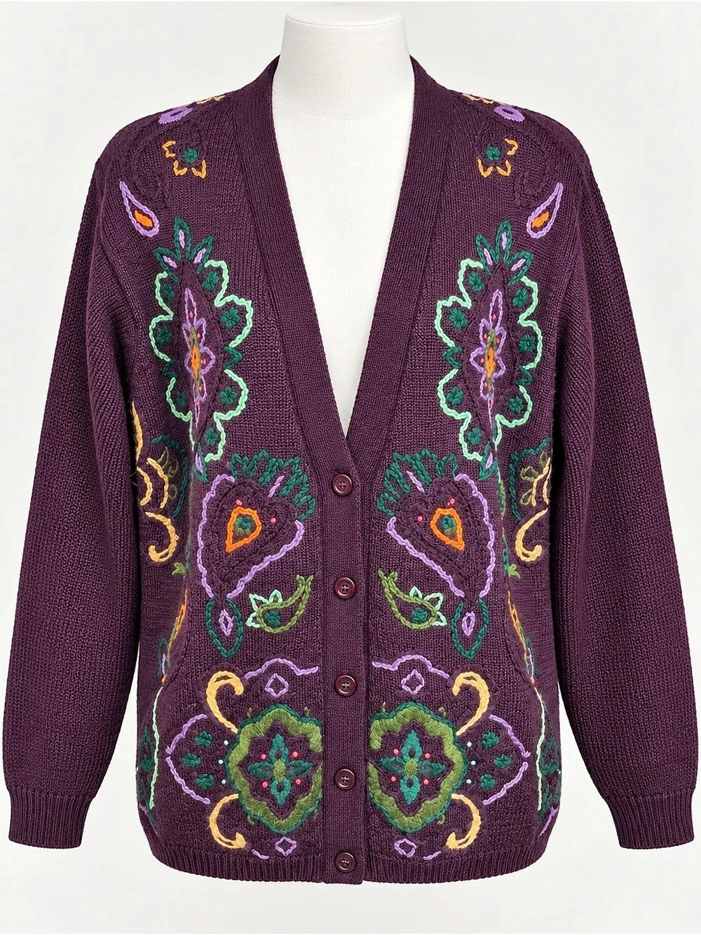 Vintage Alfred Dunner Embroidered Floral Cardigan Acrylic Wool Blend Purple